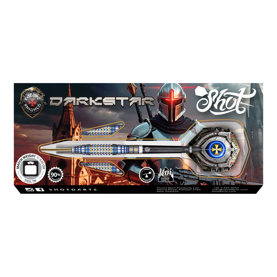 Das Bild zeigt die Verpackung der "Shot Future Knights Darkstar Steeldarts - 23g". Auf der Verpackung ist ein Dartpfeil zusammen mit einem futuristischen Ritter dargestellt.