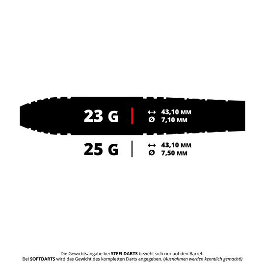 Ein Satz Steeldarts mit silbernen Spitzen und unterschiedlichen Griffmustern ist abgebildet. Es sind Red Dragon Luke Humphries TX5 Steeldarts mit einem Gewicht von 23g.