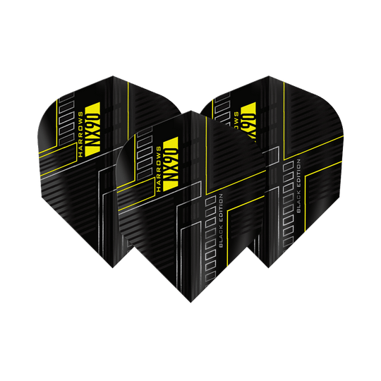 Harrows NX90 Black Edition č. 6 letek Das Bild zeigt drei schwarze Dart-Flights mit dem Namen "Harrows NX90 Black-Edition No6". Die Flights haben ein modernes Design mit gelben Linien und Schriftzügen.