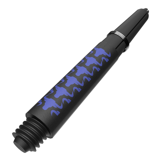 Abgebildet ist ein weiteres Produktfoto von BullsNL Capo Carbon Shafts Blau Short 34mm. Gezeigt wird ein Satz mit kurzen blauen Dartschäften.