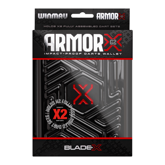 Gezeigt wird das Winmau Blade X Armor G2 Dartwallet. Die Tasche schützt Darts und Zubehör beim Transport und der Aufbewahrung.