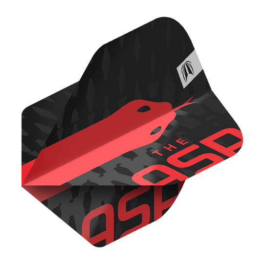 Target Pro Ultra Nathan Aspinall No2 Standard Flights - 3 sady Das Bild zeigt ein Dart-Flight mit einem schwarzen und roten Design sowie der Aufschrift „THE ASP“. Auf dem Flight ist eine stilisierte rote Schlange abgebildet.