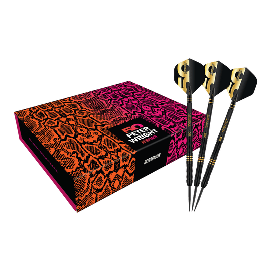 Ocelové šipky Red Dragon Peter Wright 50 Years Player Limited Edition - 21g Red Dragon Peter Wright 50 Years Player Limited Edition Steeldarts - 21g. Das Bild präsentiert den limitierten Steeldartpfeil als vollständiges Set.