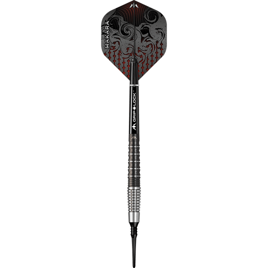 Měkké šipky Mission Makara M2 - 20g Das Bild zeigt einen Mission Makara M2 Softdart mit einem Gewicht von 20g. Der Dart hat ein auffälliges Flight-Design in Schwarz und Rot sowie eine geriffelte silber-schwarze Griffzone.