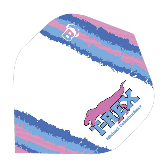 Das Bild zeigt ein Dart-Flight mit bunten Streifen in Blau, Rosa und Weiß. Unten rechts befindet sich ein lila Dinosaurier mit der Aufschrift "TREX Michael Unterbuchner".