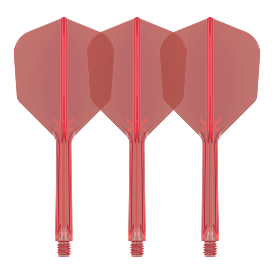 Letový systém Target K-Flex No6 - červený Auf dem Bild sind drei rote Dart-Flights mit integrierten Schäften zu sehen. Sie stehen nebeneinander und sind identisch gestaltet.