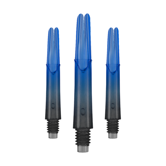 Dvoubarevné shafty L-Style s uzamčeným rovným shaftem Natural9 - modré Das Bild zeigt drei gerade Dartschäfte mit einem Farbverlauf von Schwarz zu Blau. Sie haben Gewinde am unteren Ende und sind ohne Kappen abgebildet.