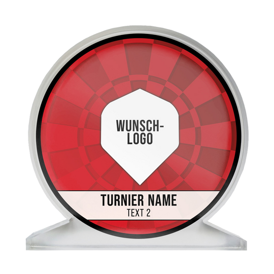 ACP-Rot_Acrylglas_Pokal_mit_Wunschdruck_Logo_Rot_1 Auf dem Bild ist ein runder Acrylglas-Pokal mit rotem Hintergrund zu sehen. In der Mitte steht "WUNSCH-LOGO" und darunter "TURNIER NAME" sowie "TEXT 2".