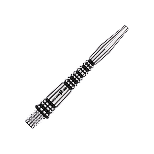Dies ist ein schwarzer Aluminiumschaft für einen Dartpfeil mit dem Aufdruck "TRIAD". Das Design zeigt ein geriffeltes Muster für besseren Halt.