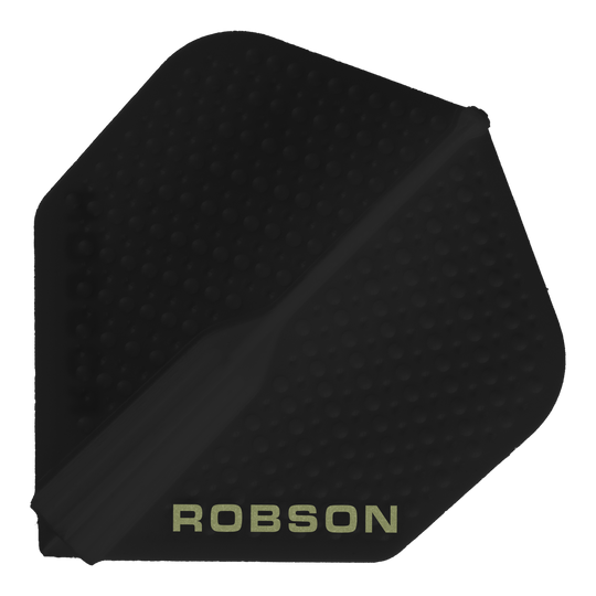 Lety Robson Plus Dimple - černé Dieses Bild zeigt ein schwarzes Dart-Flight mit dem Namen "Robson Plus Dimple Flights - Schwarz". Auf dem Flight steht am unteren Rand das Wort "ROBSON" in hellen Buchstaben.