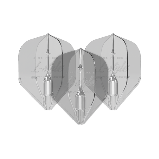 Lety Fantom L1EZ ve stylu L Clear Das Bild zeigt drei transparente Dartflights des Modells "L-Style Fantom L1EZ Flights Clear". Die Flights sind klar und haben eine klassische Pfeilform.
