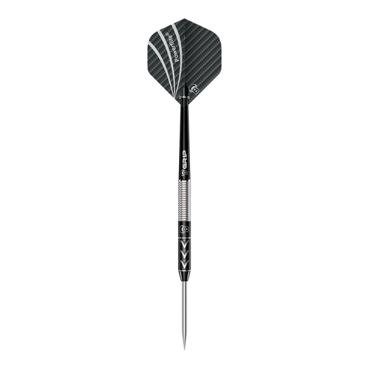 Bulls Challenger Arno Merk ocelové šipky - 22g Das Bild zeigt einen Steeldart namens "Bulls Challenger Arno Merk Steeldarts - 22g". Der Dartpfeil ist schwarz-silber und hat ein modernes Design mit strukturiertem Schaft und schwarzer Flight.