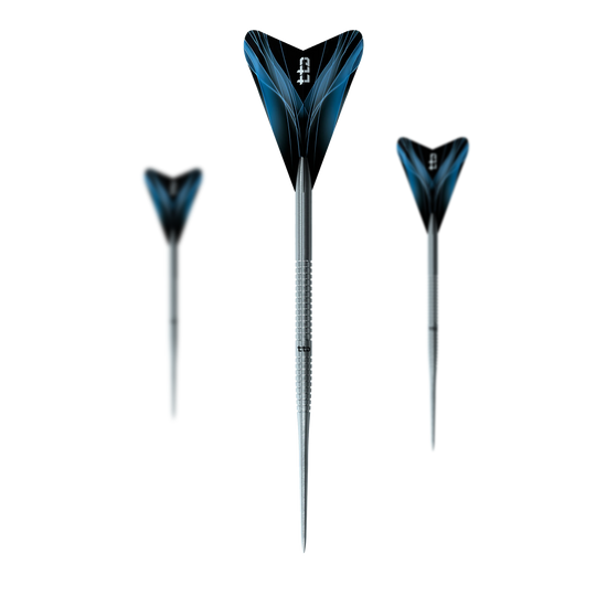 Das Foto zeigt ein Set der Caliburn TTD Complete Titanium T1 Silver Steeldarts - 5g. Es sind hochwertige Steeldarts aus Titan für das Dartspiel.