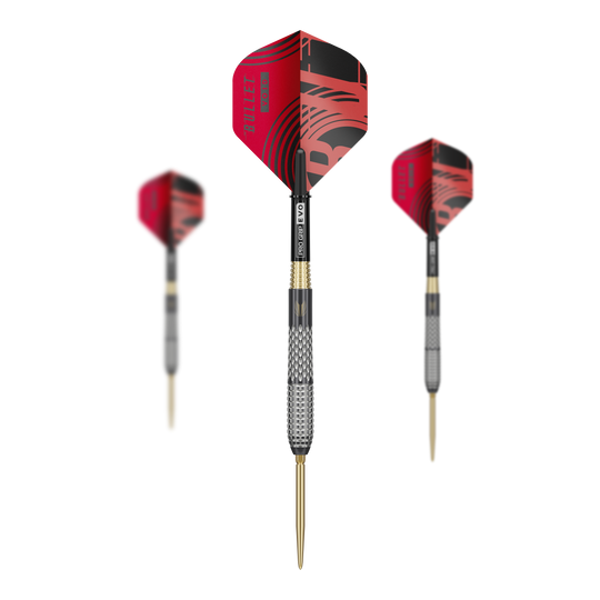 Das Bild zeigt die Target Stephen Bunting GEN5 Void Swiss Point Steeldarts. Sie sind speziell für Dartspieler entwickelt und haben ein modernes Design.