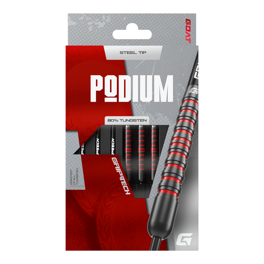 Abgebildet sind die GOAT Podium Black Steeldarts. Die Darts sind für Präzision und Stil beim Spielen entwickelt.
