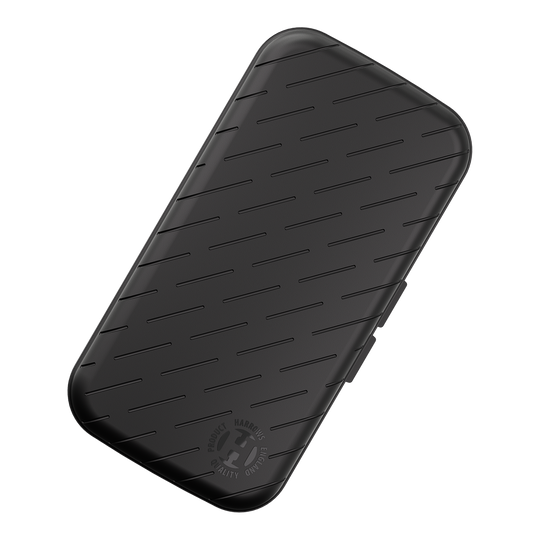 Pouzdro na šipky Harrows Slimcase Dies ist ein schlankes, schwarzes Etui mit schrägen Linien auf der Oberfläche. In der Ecke befindet sich ein rundes Harrows-Logo.