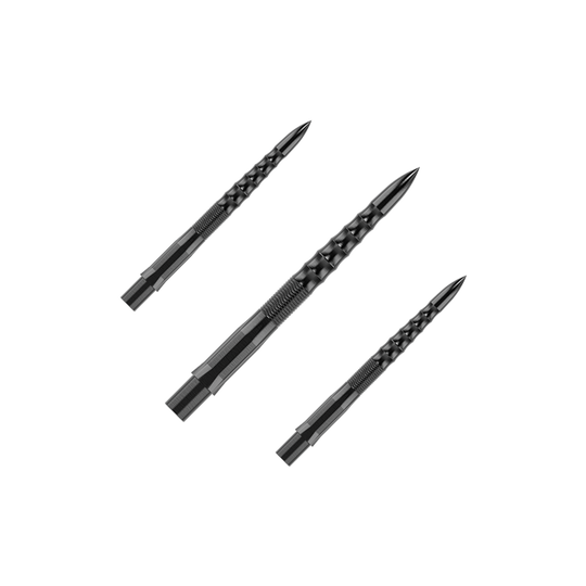 Špičky na šipky Mission Caliburn EVO - Ripple - černé Auf dem Bild sind drei schwarze Steeldartspitzen mit einem geriffelten Muster zu sehen. Sie sind als Set angeordnet und haben eine Länge von 26 mm.