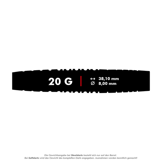 Měkké šipky Red Dragon Rifle - 20g Das Bild zeigt die Red Dragon Rifle Softdarts mit einem Gewicht von 20 Gramm. Die Maße sind 38,10 mm Länge und 8,00 mm Durchmesser.