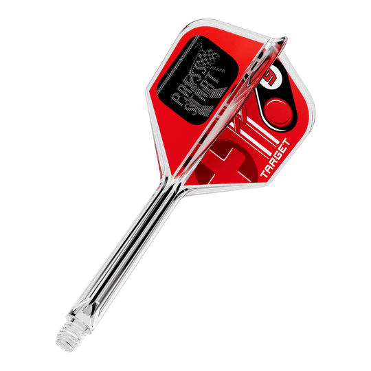 Gezeigt wird ein einzelner Dart Flight mit dem Namen 410584 Target K-Flex PressStart No6 33mm. Dieses Produkt dient als Aufsatz für Dartpfeile.