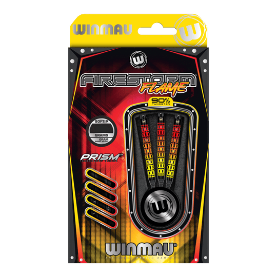 Šipky Winmau Firestorm Flame Parallel Softdarts - 20g Das Bild zeigt eine Verpackung der "Winmau Firestorm Flame Parallel Softdarts - 20g". In der Packung befinden sich drei farbenfrohe Softdarts mit 90% Tungsten-Anteil.
