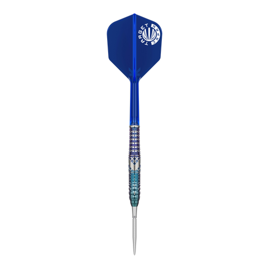 Das Bild zeigt einen hochwertigen Steeldartpfeil mit blauen Flights und silber-blauem Griff. Es handelt sich um das Produkt "Target Japan Cathy Leung Charis GEN5 SP Steeldarts - 22g".