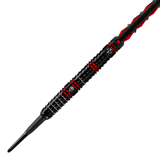 Měkké šipky Harrow's Ryan Searle Heavy Metal Der Harrows Ryan Searle Heavy Metal Softdart ist in Schwarz mit roten Akzenten gestaltet. Auf dem Dart befindet sich ein kleines Totenkopf-Symbol.