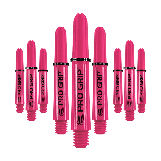 Das Bild zeigt neun pinkfarbene Dartschäfte mit der Aufschrift "PRO GRIP". Sie sind in drei Gruppen nebeneinander angeordnet.