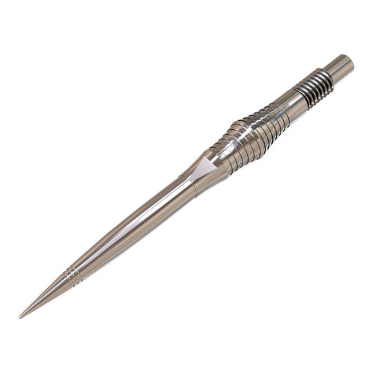 Špičky na šipky Harrows Quick Point Spire Elite Series - stříbrné Auf dem Bild sind einzelne silberne Dartspitzen zu sehen. Sie sind groß abgebildet und deutlich dargestellt.