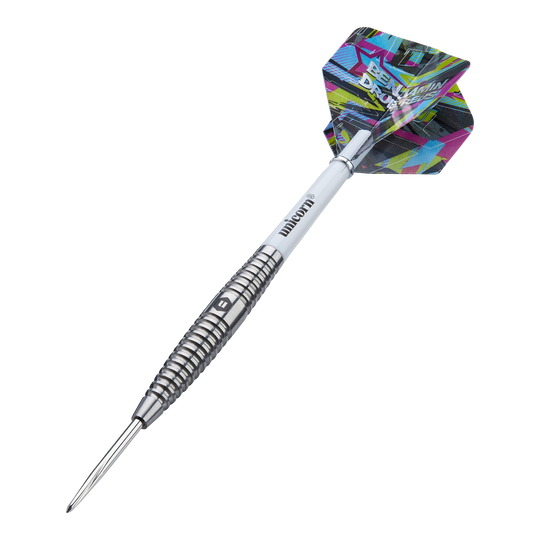 Dies ist ein Steeldart der Marke Unicorn Contender Benjamin Drue Reus mit einem Gewicht von 24g. Der Dart hat eine silberne Spitze, einen weißen Schaft und bunte Flights.