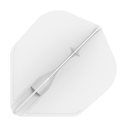 Lety L-L-Style3EZ Das Bild zeigt ein weißes Dartflight in einer einfachen, geometrischen Form. In der Mitte verläuft ein feiner, strukturierter Streifen mit einem kleinen Sternmotiv.