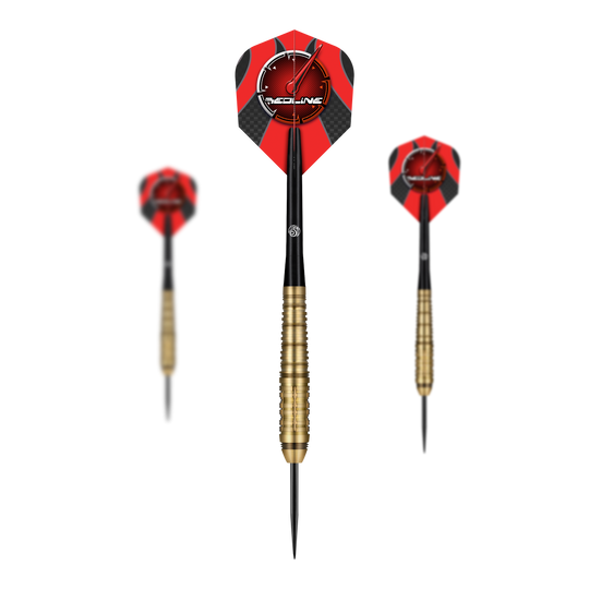 Ocelové šipky Shot Redline Mach 1 Das Bild zeigt drei Steeldarts des Produkts "Shot Redline Mach 1". Die Darts haben rote Flights mit einem Logo und goldene Griffe.
