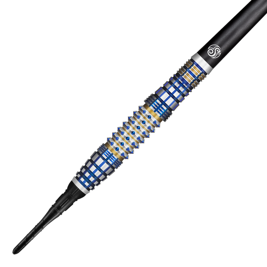 Das Bild zeigt einen Shot Future Knights Darkstar Softdart mit einem Gewicht von 20g. Der Dartpfeil hat ein auffälliges Design mit blauen, silbernen und goldfarbenen Akzenten.