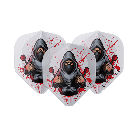 Das Bild zeigt drei L-Style Rene Eidams V4 Clear White L1EZ Flights für Darts. Auf den Flights ist eine Illustration eines maskierten Mannes mit zwei Dartpfeilen vor rotem Spritzmuster abgebildet.