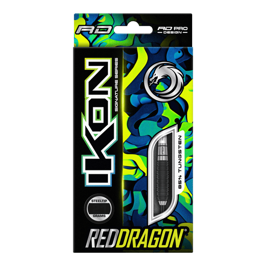 Ocelové šipky Red Dragon Ikon 3 Auf dem Bild ist die Verpackung der "Red Dragon Ikon 3 Steeldarts" zu sehen. Die Packung ist bunt gestaltet und hebt hervor, dass die Darts aus 85% Tungsten bestehen.