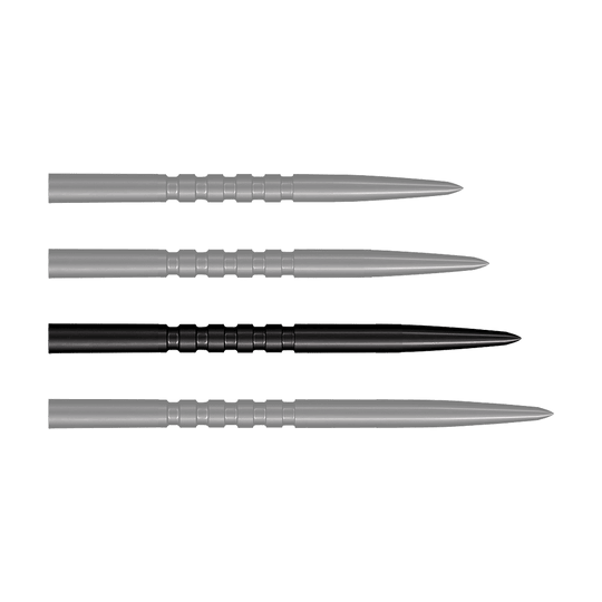 Ocelové hroty šipek Shot Grip Point - černé Das Bild zeigt vier schwarze Stahlspitzen für Steeldarts, die nebeneinander liegen. Jede Spitze ist 38 mm lang und hat gerillte Griffzonen.