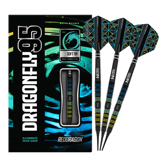 Das Bild zeigt eine Packung der Red Dragon Dragonfly 95 Black Tapered Softdarts - 18g. Neben der Verpackung sind drei bunte Softdarts mit schwarzen Spitzen abgebildet.