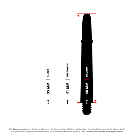 Karbonové násady Shot Koi - zelené Das Bild zeigt drei verschiedene Längen von Koi Carbon Schäften: 35 mm (kurz), 41 mm (mittel) und 48 mm (lang). Die roten Linien markieren die Messpunkte, wobei das Gewinde nicht mitgerechnet wird.
