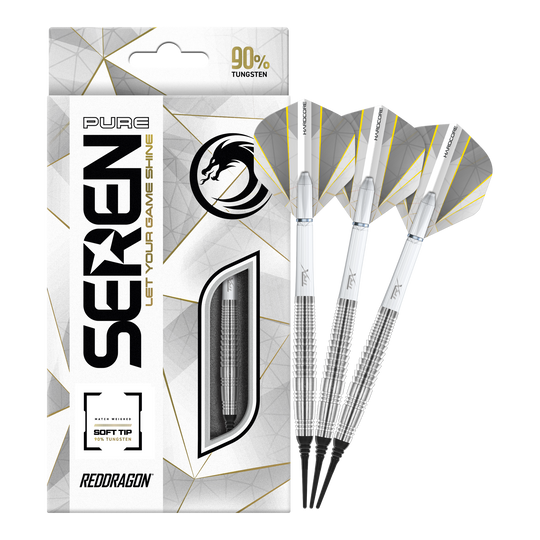 Die Abbildung zeigt die "Red Dragon Seren 4 Pure Softdarts - 20g" mit eleganten silbernen Pfeilen. Die Verpackung hebt den 90%igen Wolframanteil und das moderne Design hervor.