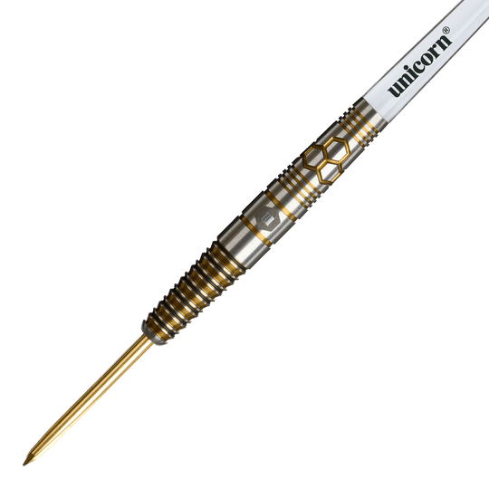 Das Bild zeigt die Unicorn Hexium Style 03 Gold & Black Steeldarts. Die Steeldarts sind in goldener und schwarzer Farbe gestaltet.