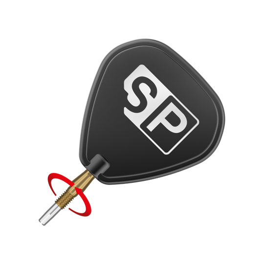 Špičky na šipky Target Swiss Storm Diamond Point - zlaté Das Bild zeigt eine schwarze Dartflügel mit der Aufschrift "SP" in weiß. Daran ist eine goldene Dartspitze befestigt.