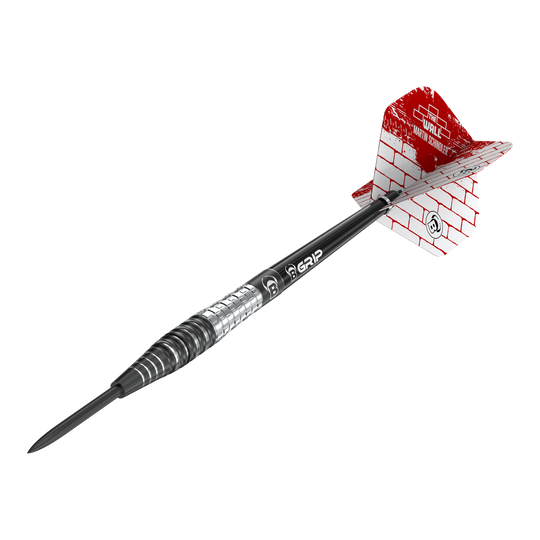 Ocelové šipky Bulls Martin Schindler Original Generation 3 Das Bild zeigt einen Steeldartpfeil der Marke "Bulls Martin Schindler Original Generation 3". Der Dartpfeil hat eine schwarz-silberne Spitze und Flight mit rotem Mauer-Design.