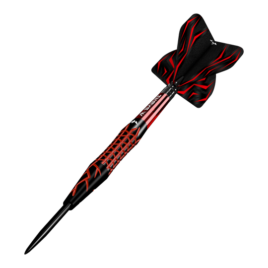 Mise Lava Steeldarts Das Bild zeigt einen Mission Lava Steeldart mit schwarzem und rotem Design. Der Dartpfeil hat eine spitze Metallspitze und auffällige Flügel mit roten Mustern.