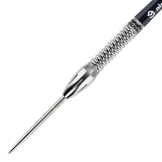 Das Bild zeigt einen Caliburn Wolfpack W4 Steeldart mit einem Gewicht von 20g. Der Dartpfeil besteht aus silberfarbenem Metall und hat eine strukturierte Griffzone.