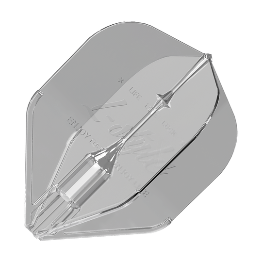 Lety Fantom L1EZ ve stylu L Clear Das Bild zeigt ein transparentes Dartflight des Modells "L-Style Fantom L1EZ Flights Clear". Das Flight hat eine klare, glänzende Oberfläche und eine spezielle Form für Stabilität beim Werfen.