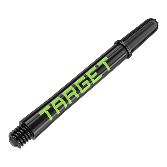 Target Pro Grip TAG Shafts - 3 sady - černo-zelené Zwei Dart-Schäfte in harmonischer Anordnung werden präsentiert. Die Linie und das Profil der Produkte sind markant.