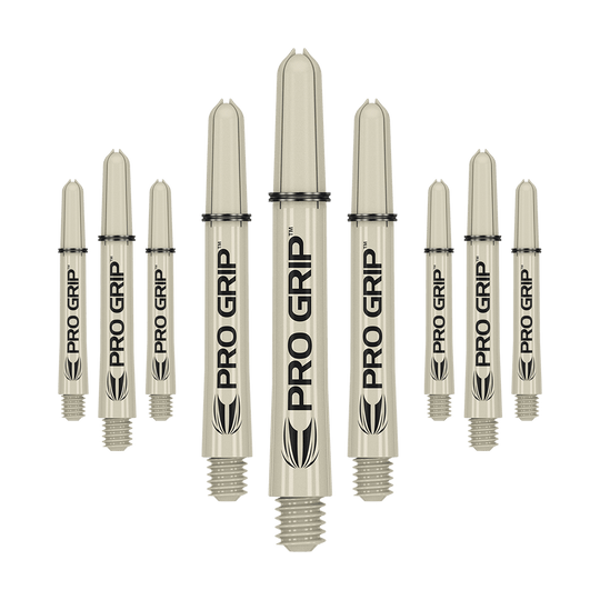 Target Pro Grip Shafts - 3 sady - Sand Auf dem Bild sind neun beige Dartschäfte mit der Aufschrift "PRO GRIP" zu sehen. Sie sind in einer Reihe angeordnet und haben ein Schraubgewinde am unteren Ende.