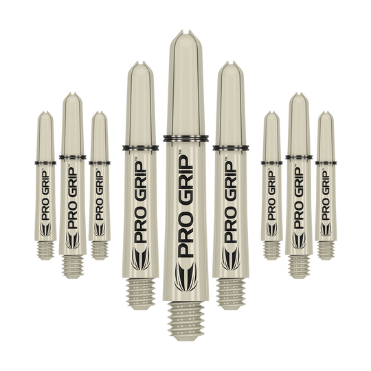 Target Pro Grip Shafts - 3 sady - Sand Das Bild zeigt neun beige Dartschäfte mit der Aufschrift „PRO GRIP“. Sie sind in drei Reihen angeordnet, wobei die mittlere Reihe größer erscheint.
