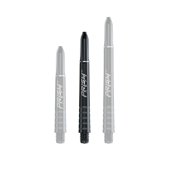 7020-401_Winmau_Prism_Force_Shafts_Schwarz_41mm_1qU0VHsryorfQJ Das Bild zeigt drei schwarze Winmau Prism Force Shafts in unterschiedlicher Länge. Sie sind für den Einsatz bei Dartpfeilen konzipiert.