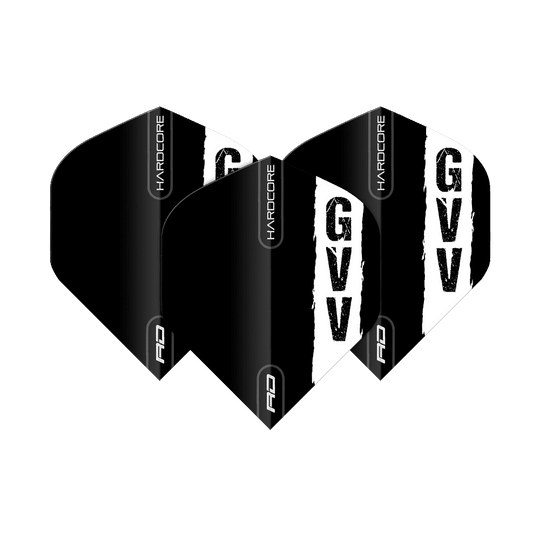 Standardní letky Red Dragon Hardcore Gian Van Veen s černým logem Das Bild zeigt drei schwarze Dartflights mit dem weißen Aufdruck "GVV" und dem Schriftzug "HARDCORE". Es handelt sich um das Produkt "Red Dragon Hardcore Gian Van Veen Black Logo Standard Flights".