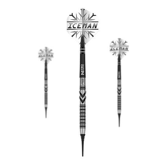 Red Dragon Gerwyn Price Thunderbolt měkké šipky - 20g Das Bild zeigt drei Softdarts des Modells "Red Dragon Gerwyn Price Thunderbolt - 20g". Auf den Flights steht "ICEMAN" und die Darts haben ein schwarz-silbernes Design.